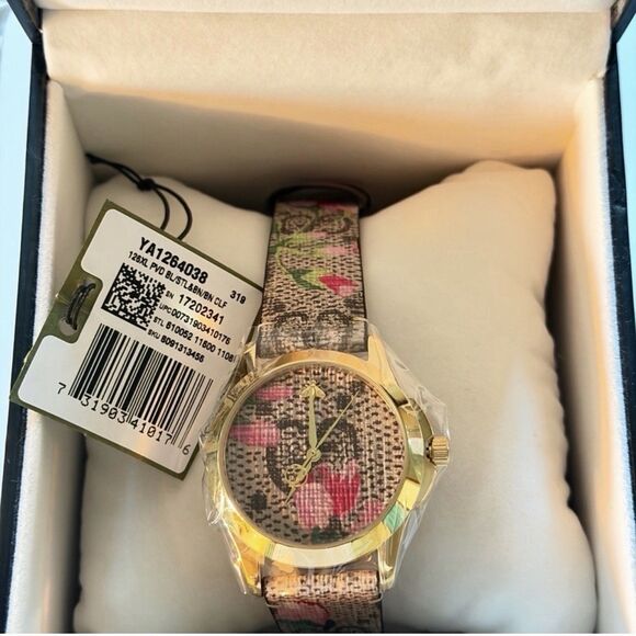 Gucci G-Timeless YA1264038 Watch Women Blooms Floral GG Supreme Gold NWT 38mm